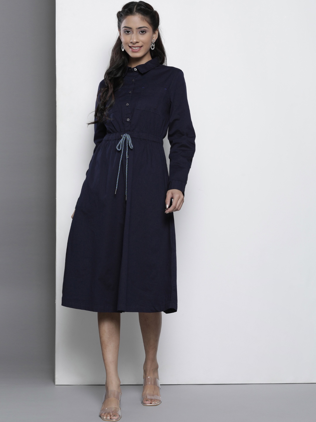 

Nautica Navy Blue Solid Shirt Midi Dress