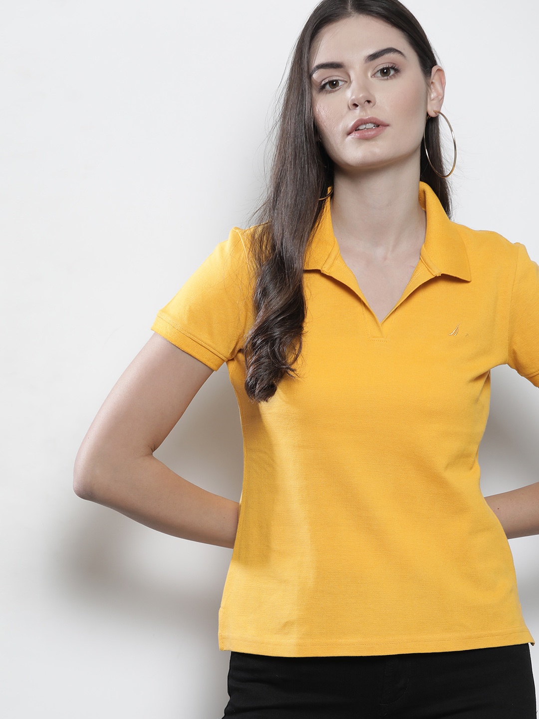 

Nautica Women Yellow Solid Polo Collar T-shirt