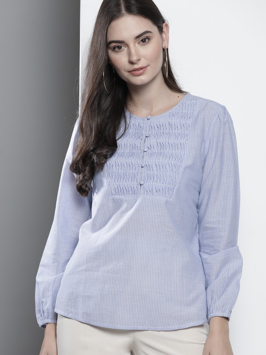 

Nautica Blue & White Striped Puff Sleeves Pure Cotton Regular Top