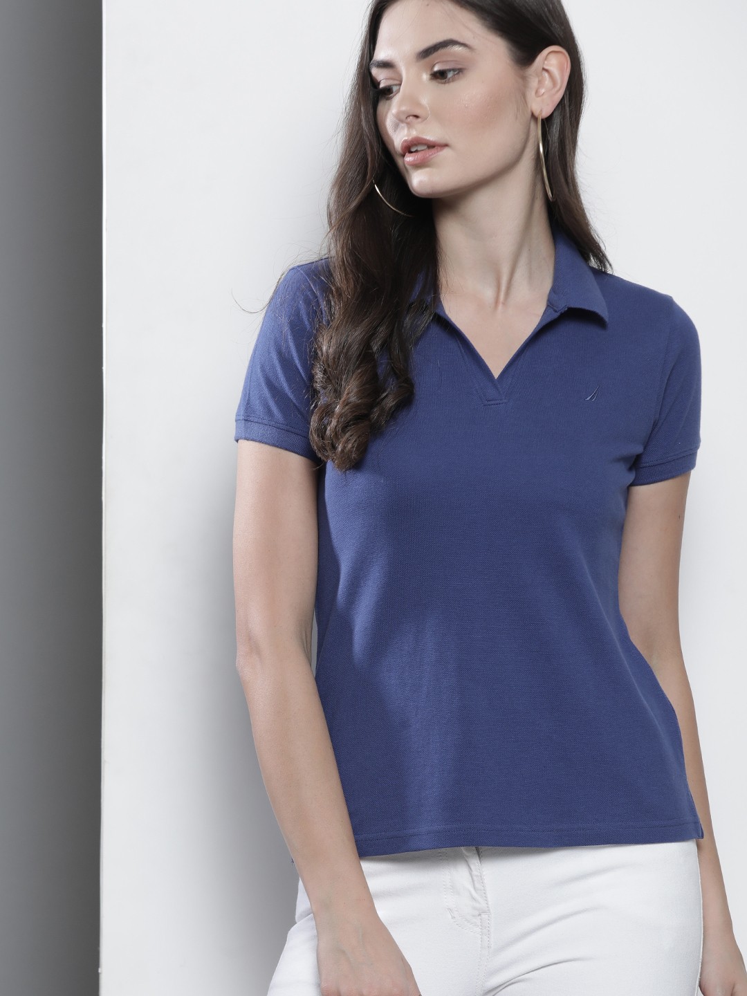 

Nautica Women Navy Blue Solid Polo Collar Pure Cotton T-shirt
