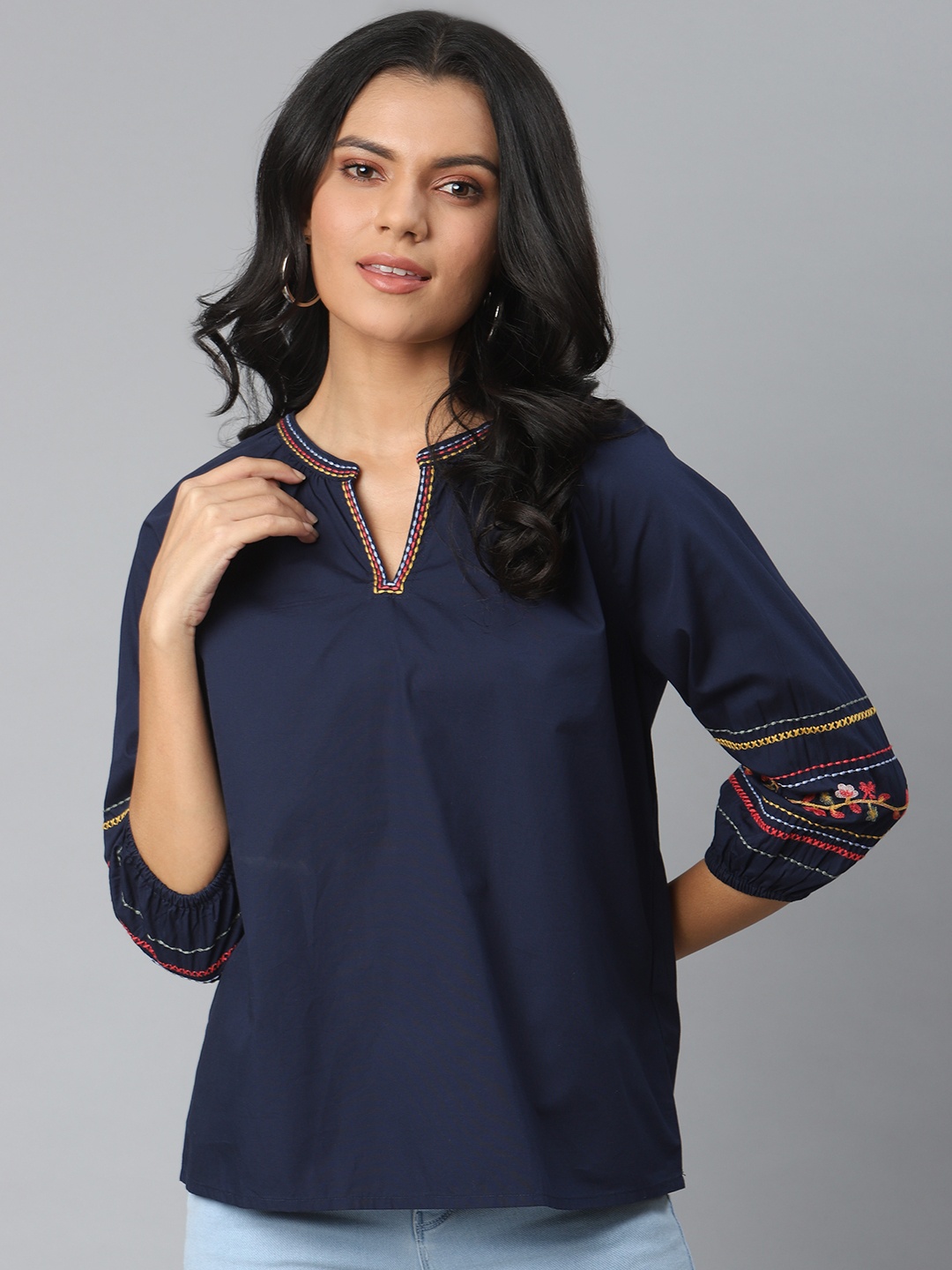 

Nautica Navy Blue Embroidered Detail Pure Cotton Regular Top