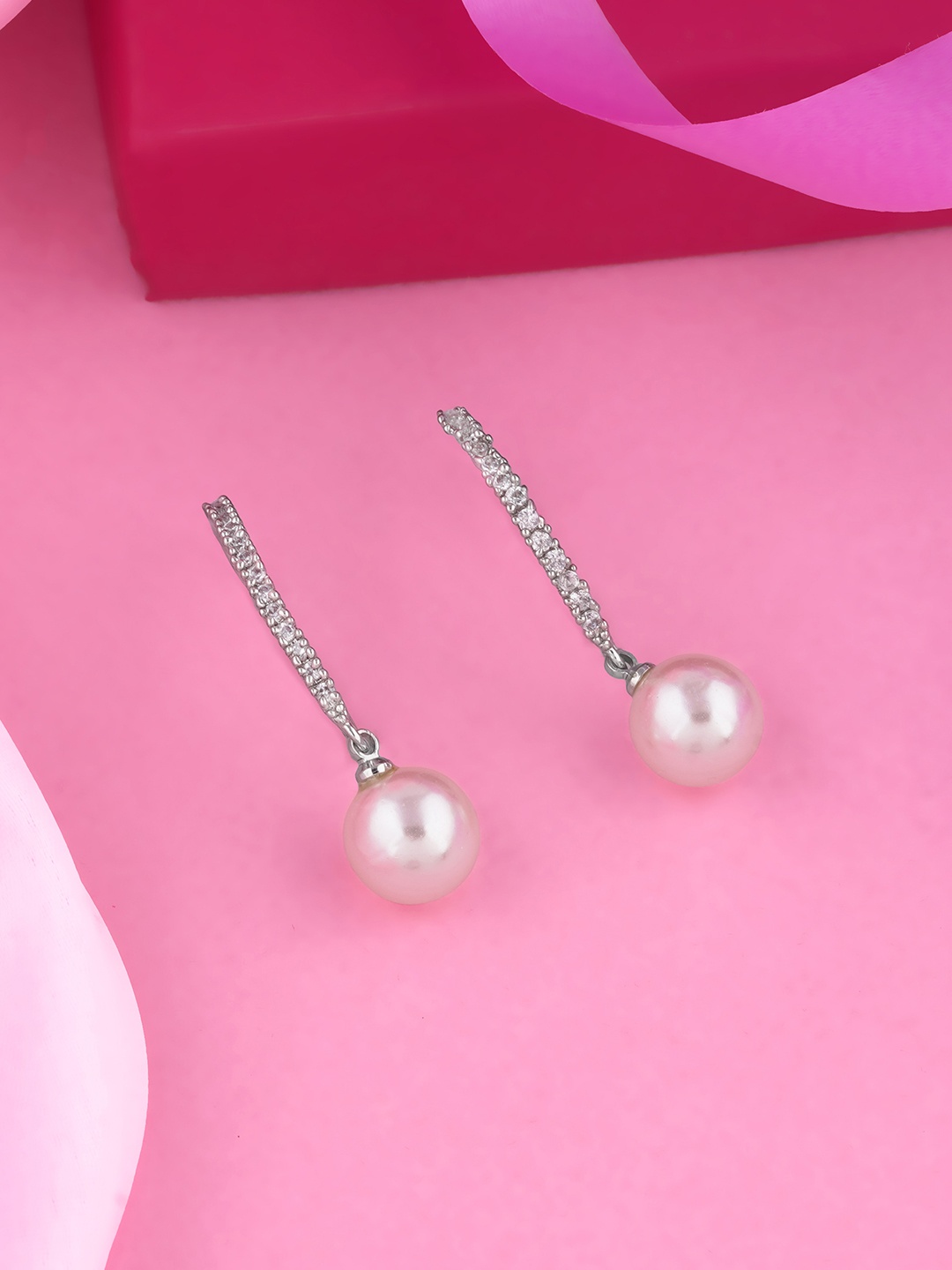 

Estele Rhodium Plated Pearl Drop Earrings, Rose gold