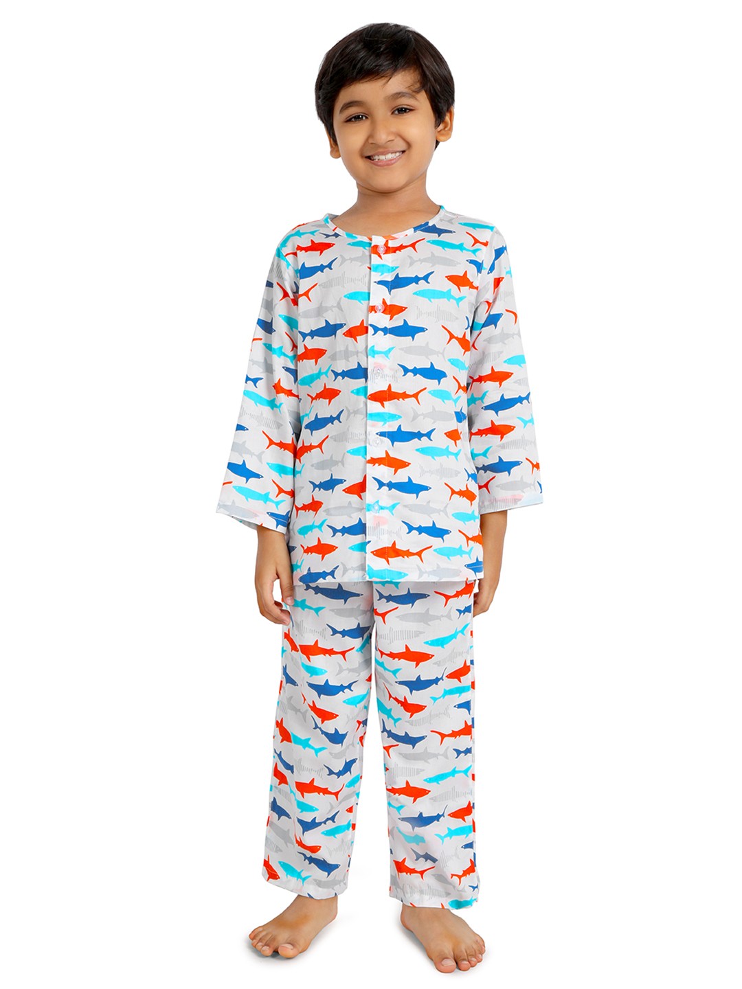 

Nigh Nigh Boys Grey & Blue Printed Sustainable Night Suit