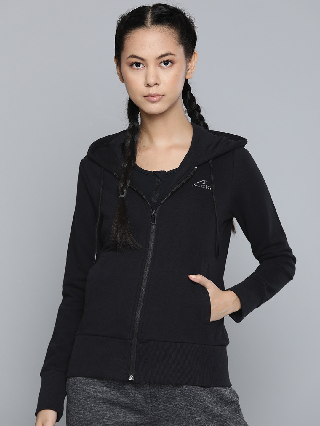 

Alcis Women Black Solid Hooded Front Open Sweatshirt