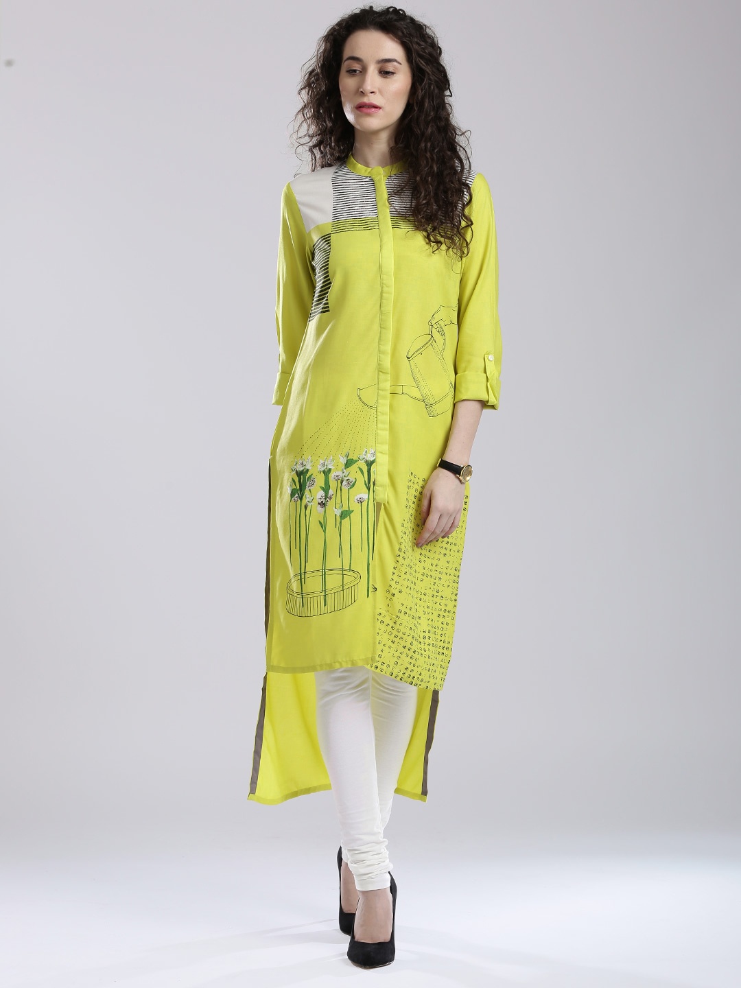 

W Lime Green Printed High-Low Kurta