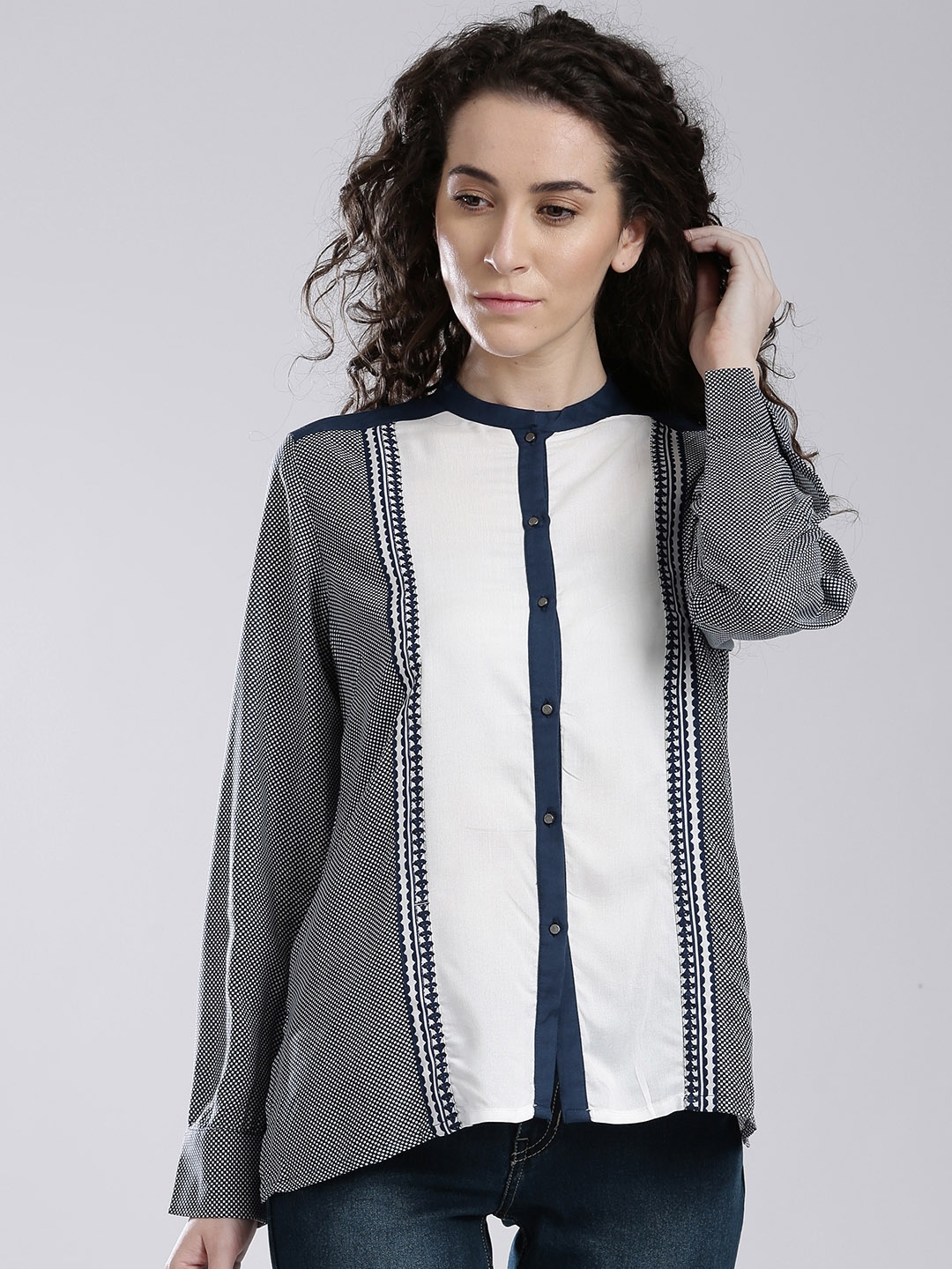 

W White & Blue Printed Panelled High-Low Shirt