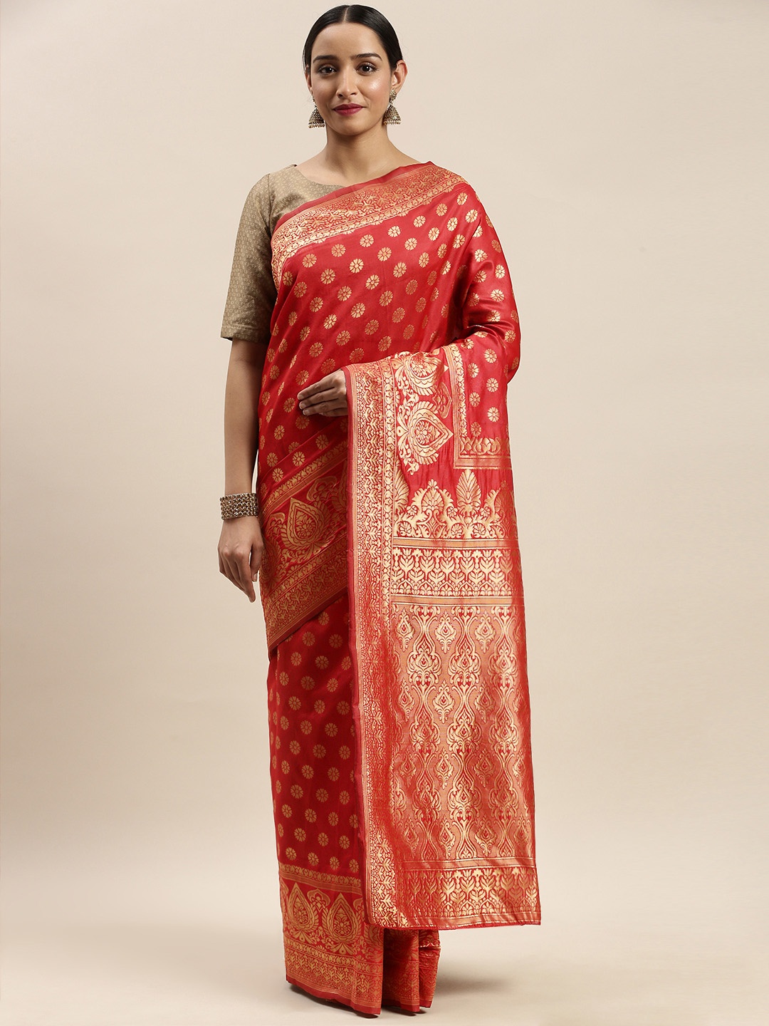 

DIVASTRI Red & Gold-Toned Silk Cotton Woven Design Banarasi Saree