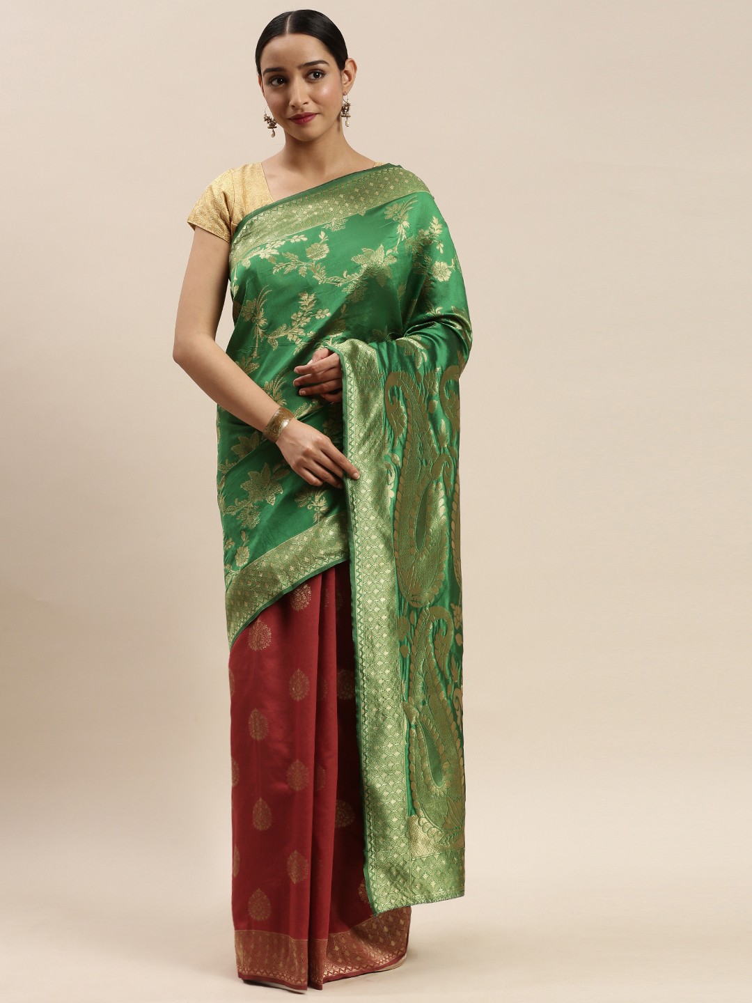 

DIVASTRI Green & Maroon Silk Cotton Woven Design Half & Half Saree