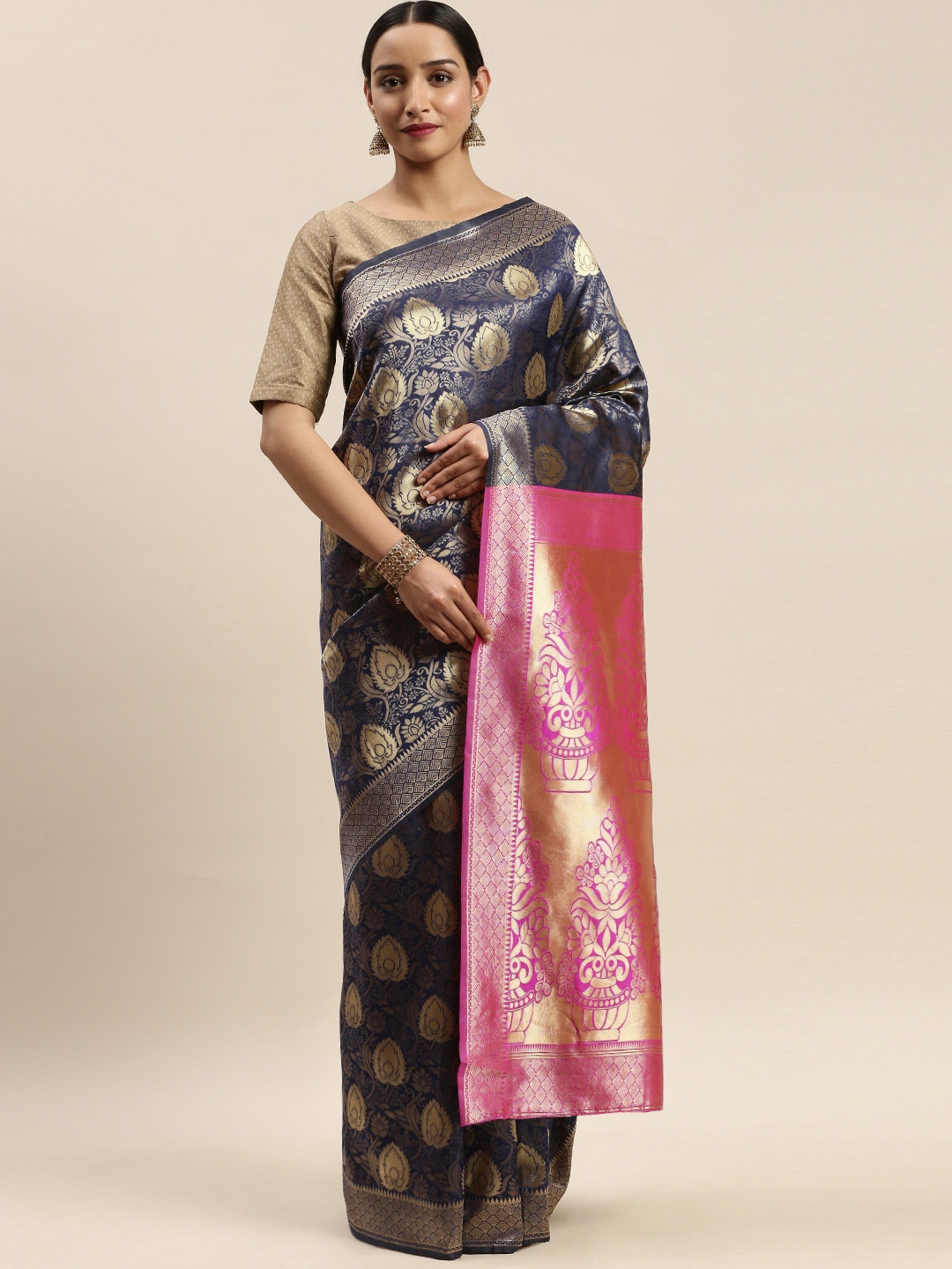 

DIVASTRI Navy Blue & Gold-Toned Silk Cotton Woven Design Banarasi Saree