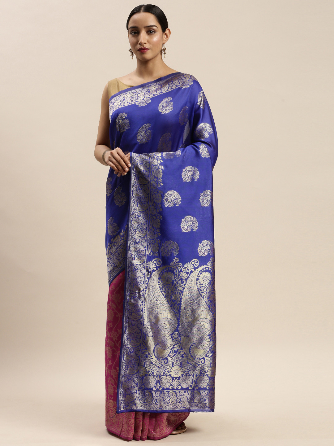 

DIVASTRI Blue & Pink Silk Cotton Woven Design Half & Half Saree
