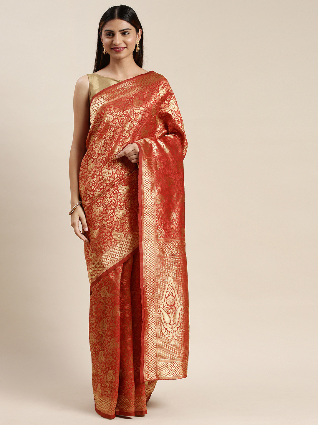 

DIVASTRI Red & Gold-Toned Silk Cotton Woven Design Saree