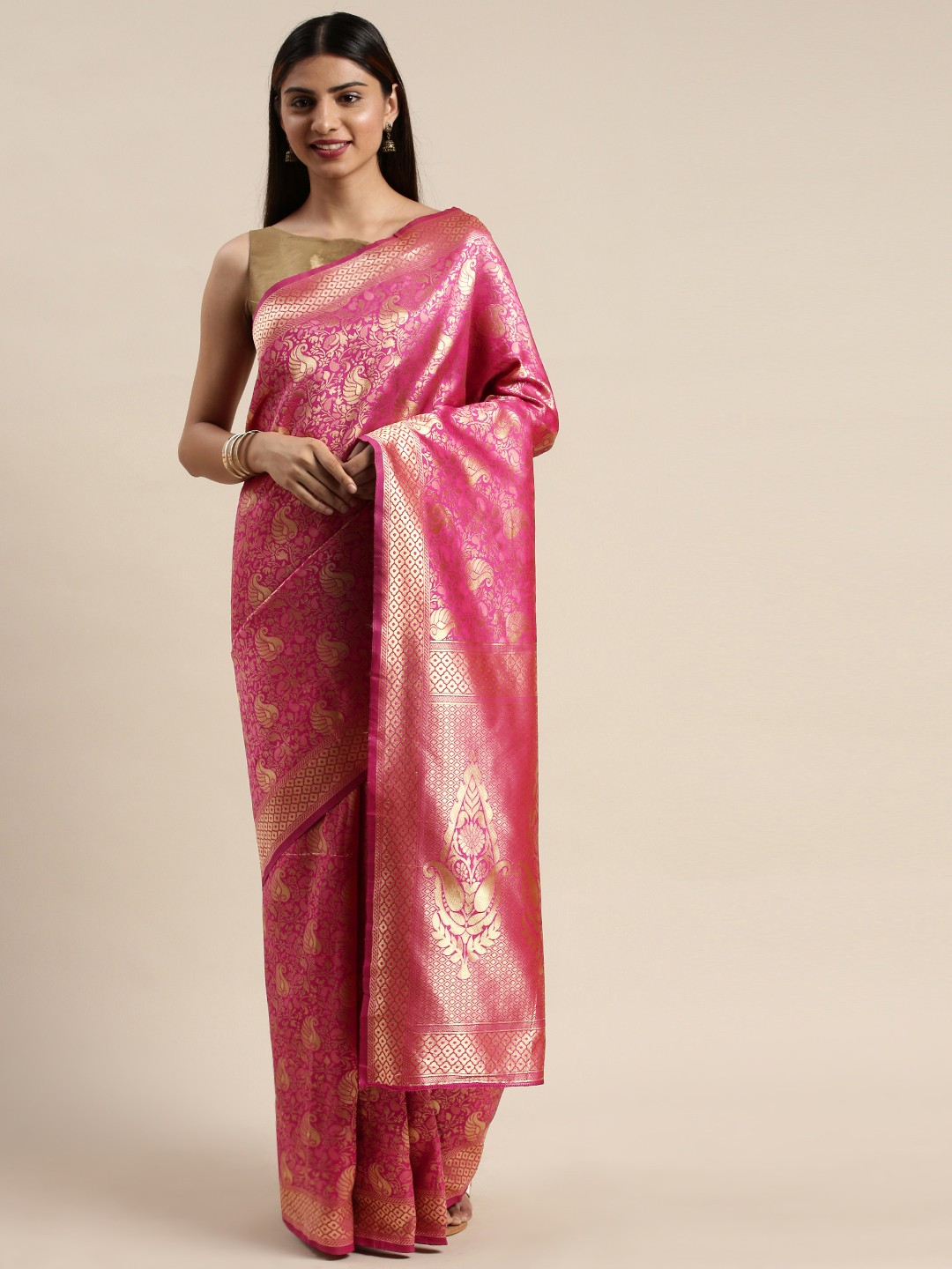 

DIVASTRI Pink & Gold-Toned Silk Cotton Woven Design Saree
