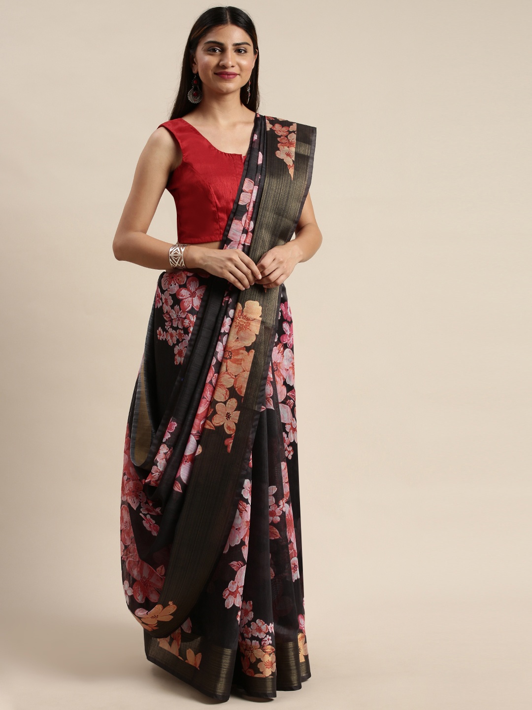 

DIVASTRI Black & Pink Floral Printed Chanderi Saree