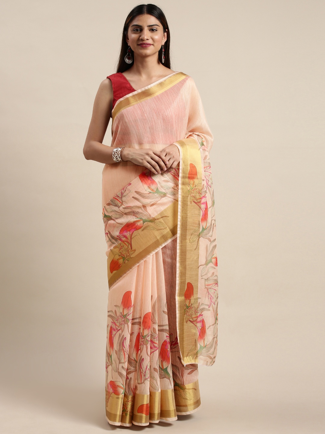 

DIVASTRI Peach-Coloured & Red Floral Printed Chanderi Saree