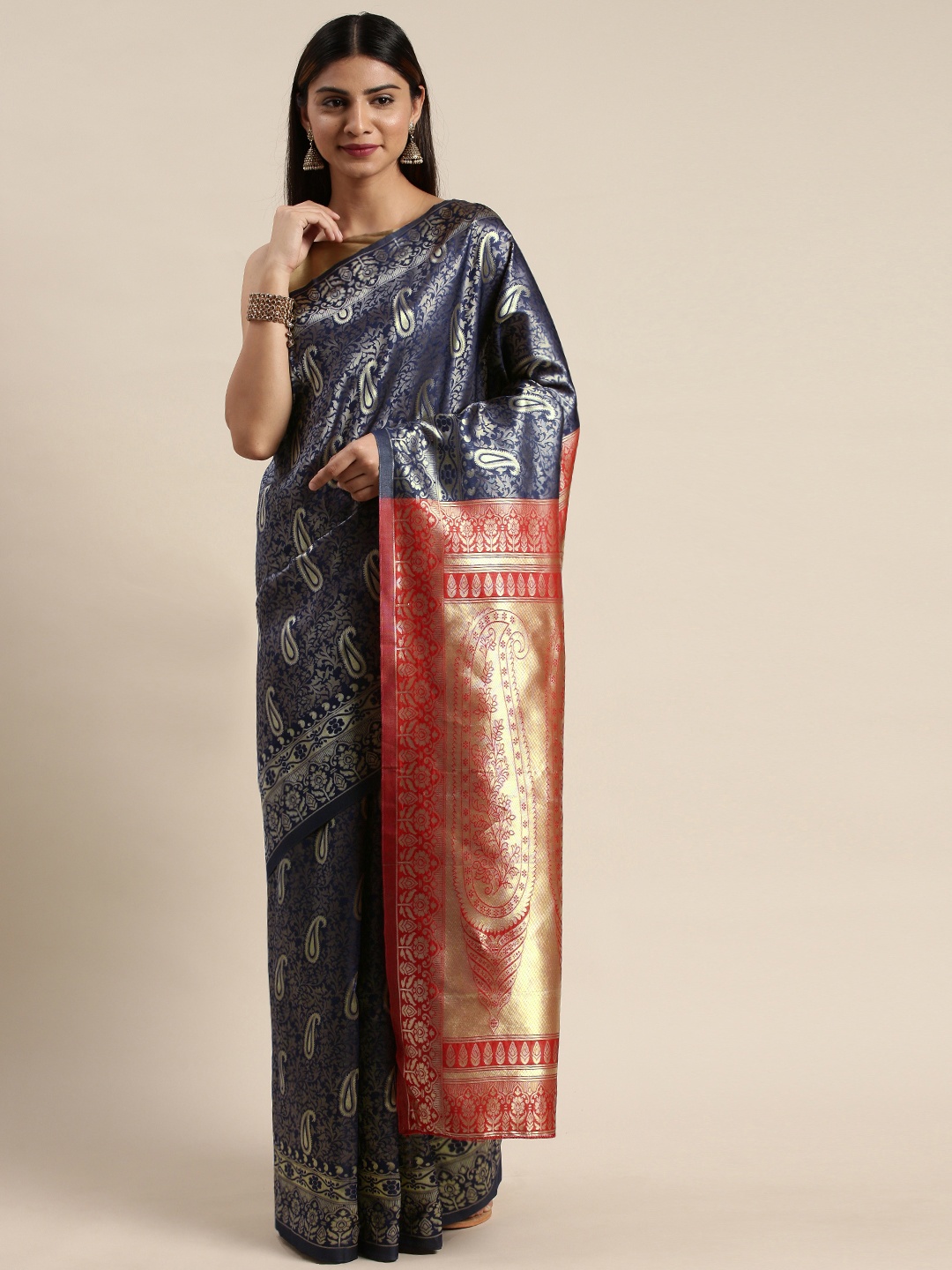 

DIVASTRI Navy Blue & Golden Silk Cotton Woven Design Banarasi Saree