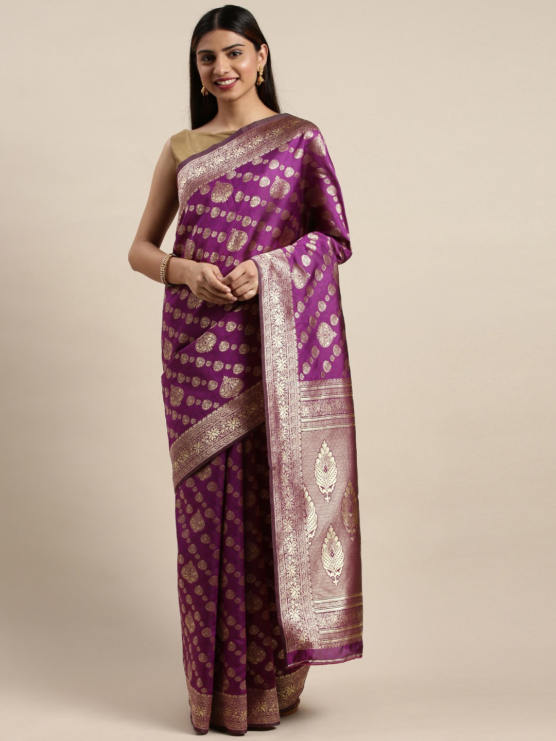 

DIVASTRI Magenta & Gold-Toned Silk Cotton Woven Design Saree