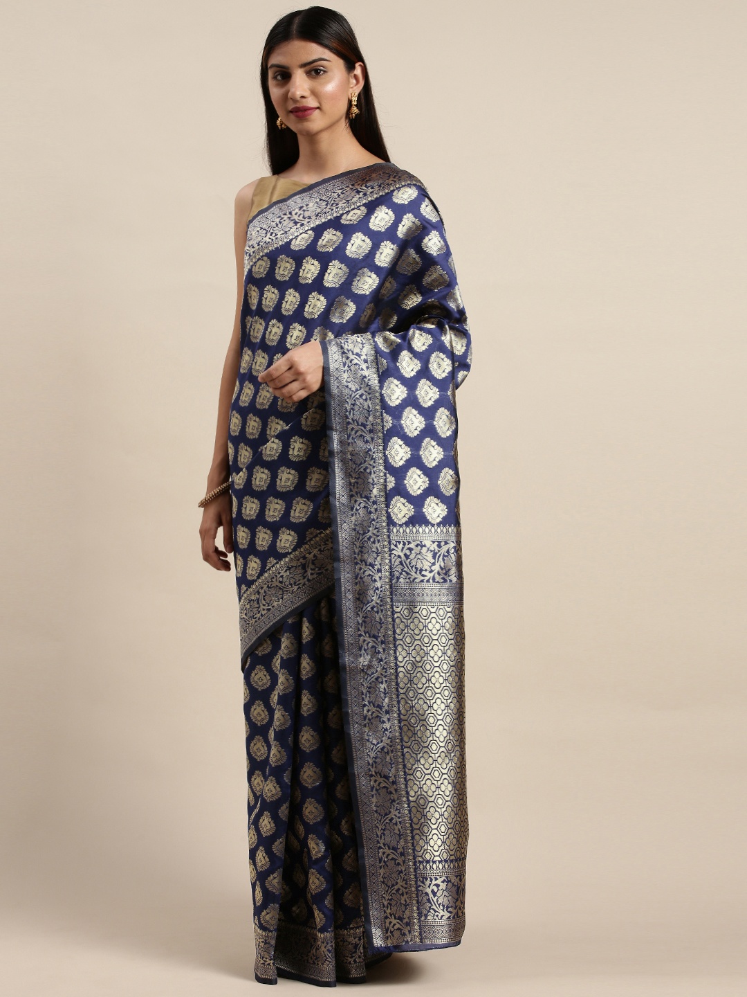 

DIVASTRI Navy Blue & Gold-Toned Silk Cotton Woven Design Saree