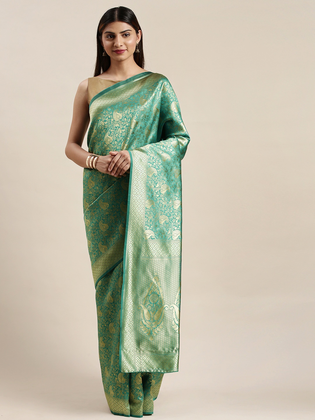 

DIVASTRI Teal Green & Gold-Toned Silk Cotton Woven Design Saree