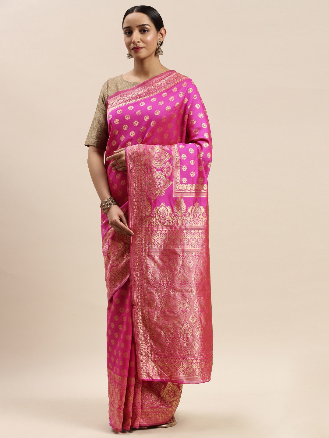 

DIVASTRI Pink & Gold-Toned Silk Cotton Woven Design Banarasi Saree