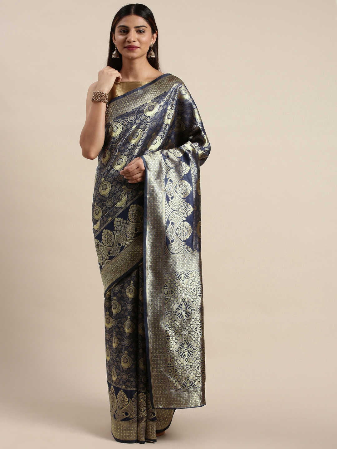 

DIVASTRI Navy Blue & Golden Silk Cotton Woven Design Banarasi Saree