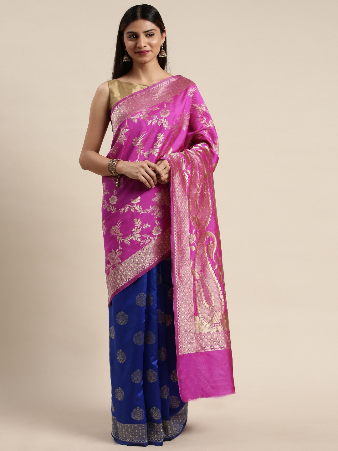 

DIVASTRI Pink & Blue Silk Cotton Woven Design Banarasi Half and Half Saree
