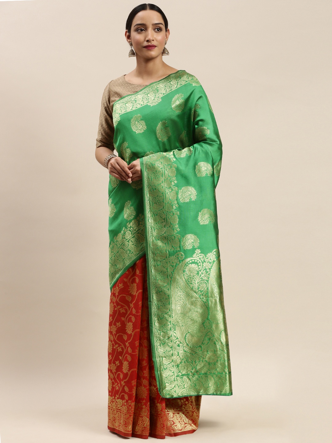 

DIVASTRI Green & Red Woven Design Banarasi Half and Half Saree