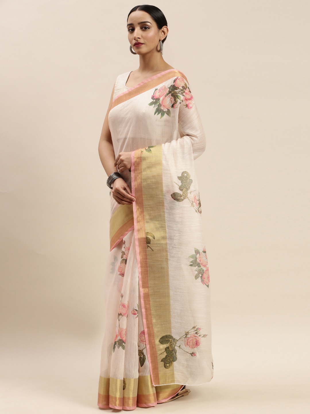 

DIVASTRI Coffee Brown & Pink Floral Printed Chanderi Saree