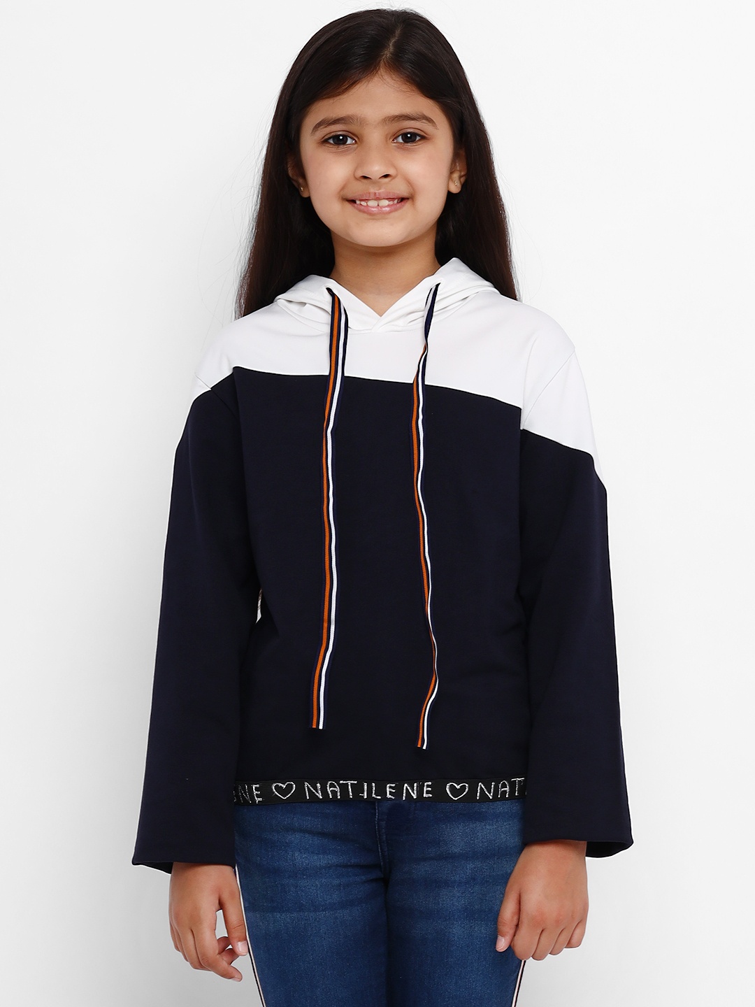 

Natilene Girls Navy Blue & White Colourblocked Hooded Sweatshirt