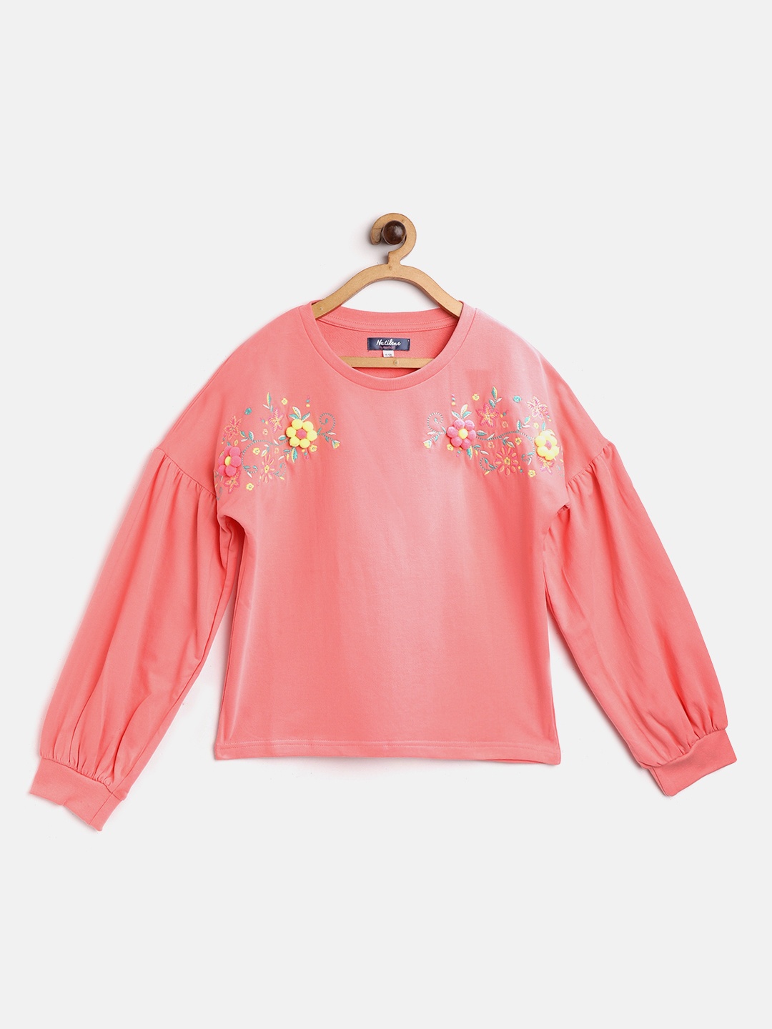 

Natilene Girls Coral Pink & Green Floral Pom-Pom & Embroidered Pure Cotton Sweatshirt