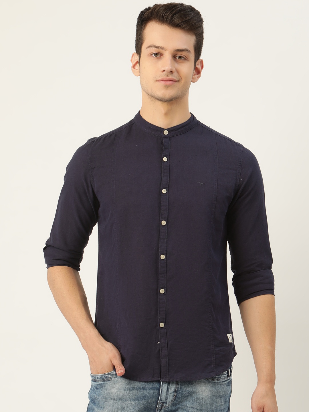 

Flying Machine Men Navy Blue Slim Fit Solid Casual Shirt