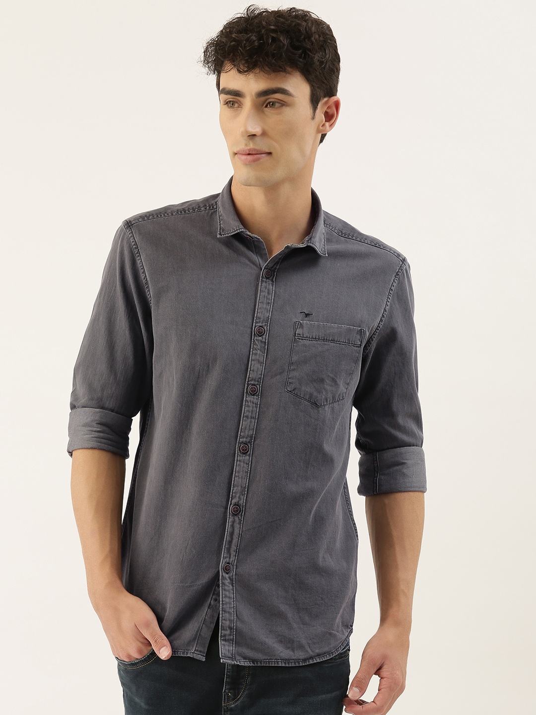 

Flying Machine Men Charcoal Grey Slim Fit Solid Casual Shirt