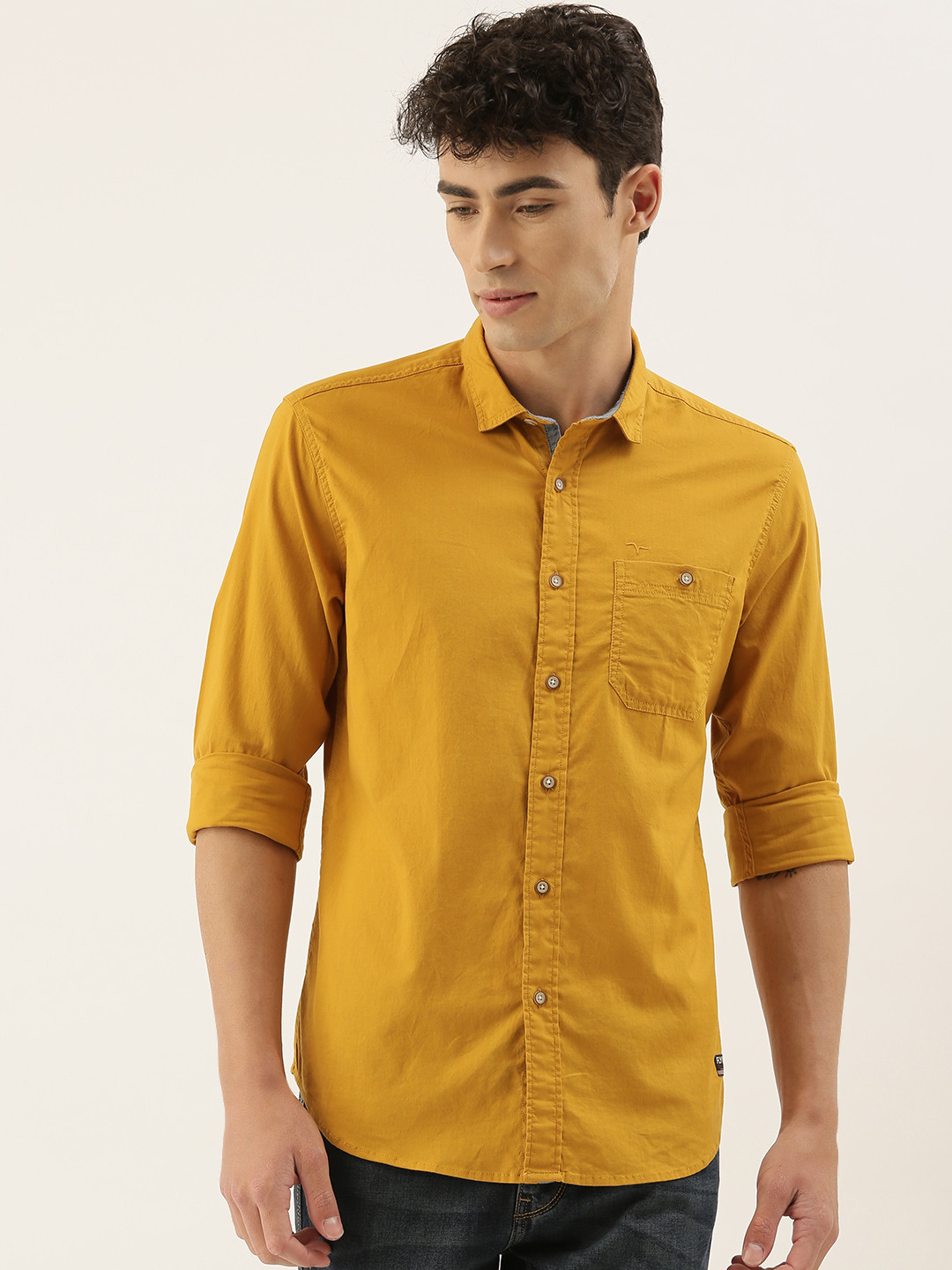 

Flying Machine Men Mustard Yellow Slim Fit Solid Casual Shirt