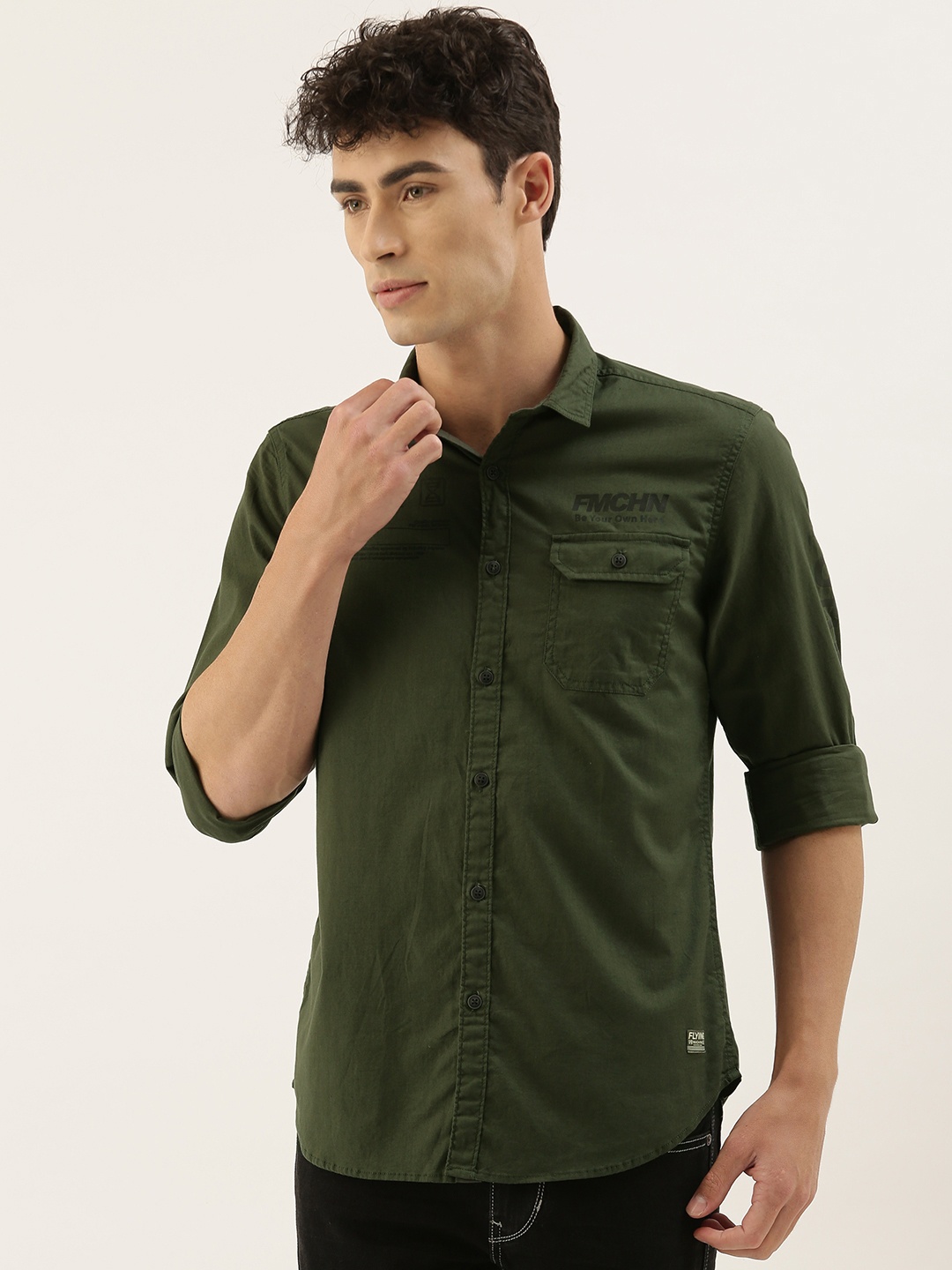 

Flying Machine Men Olive Green Slim Fit Solid Casual Shirt