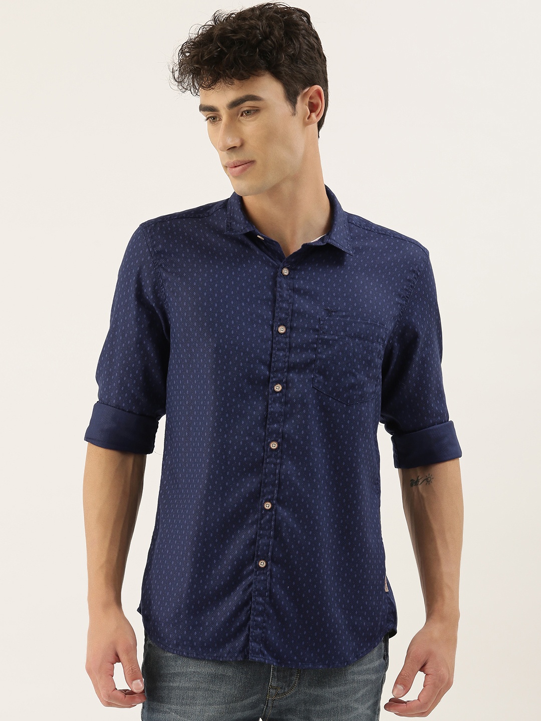 

Flying Machine Men Navy Blue Slim Fit Printed Casual Shirt