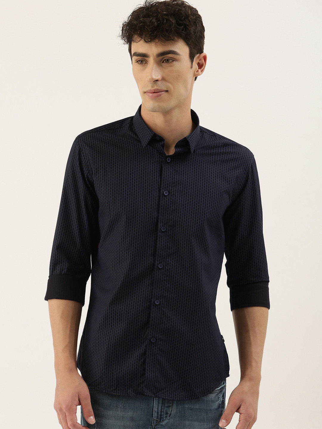 

Flying Machine Men Navy Blue Slim Fit Striped Casual Shirt