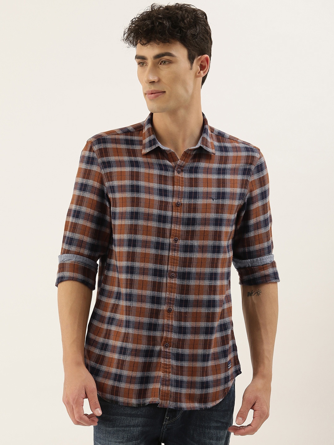 

Flying Machine Men Brown & Blue Slim Fit Checked Casual Shirt