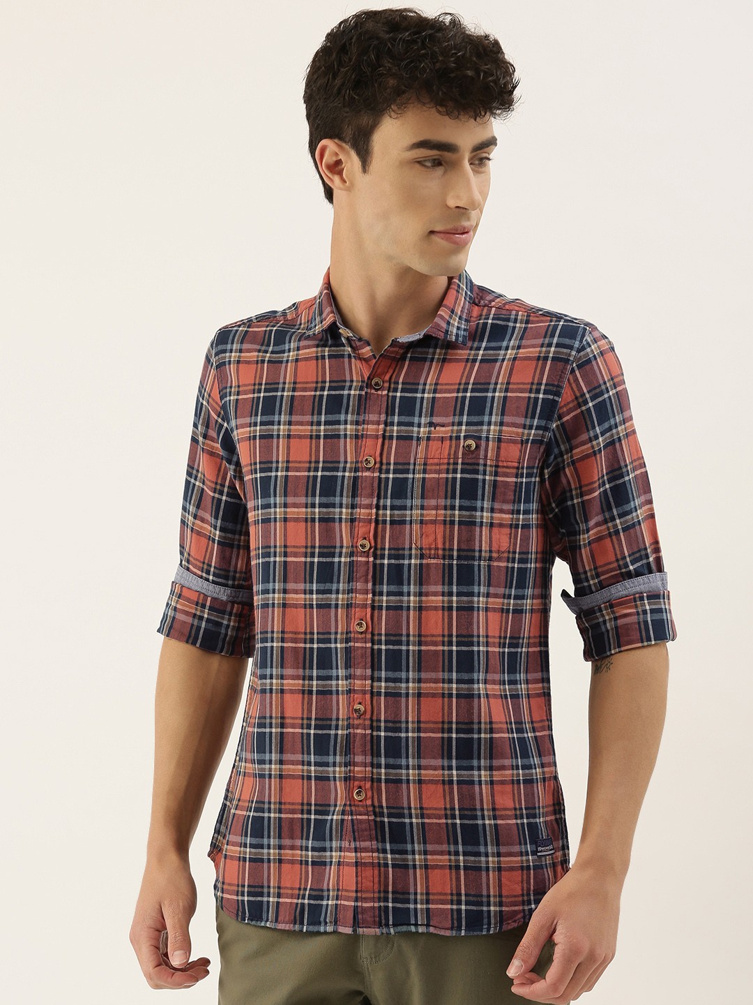 

Flying Machine Men Navy Blue & Orange Slim Fit Checked Casual Shirt
