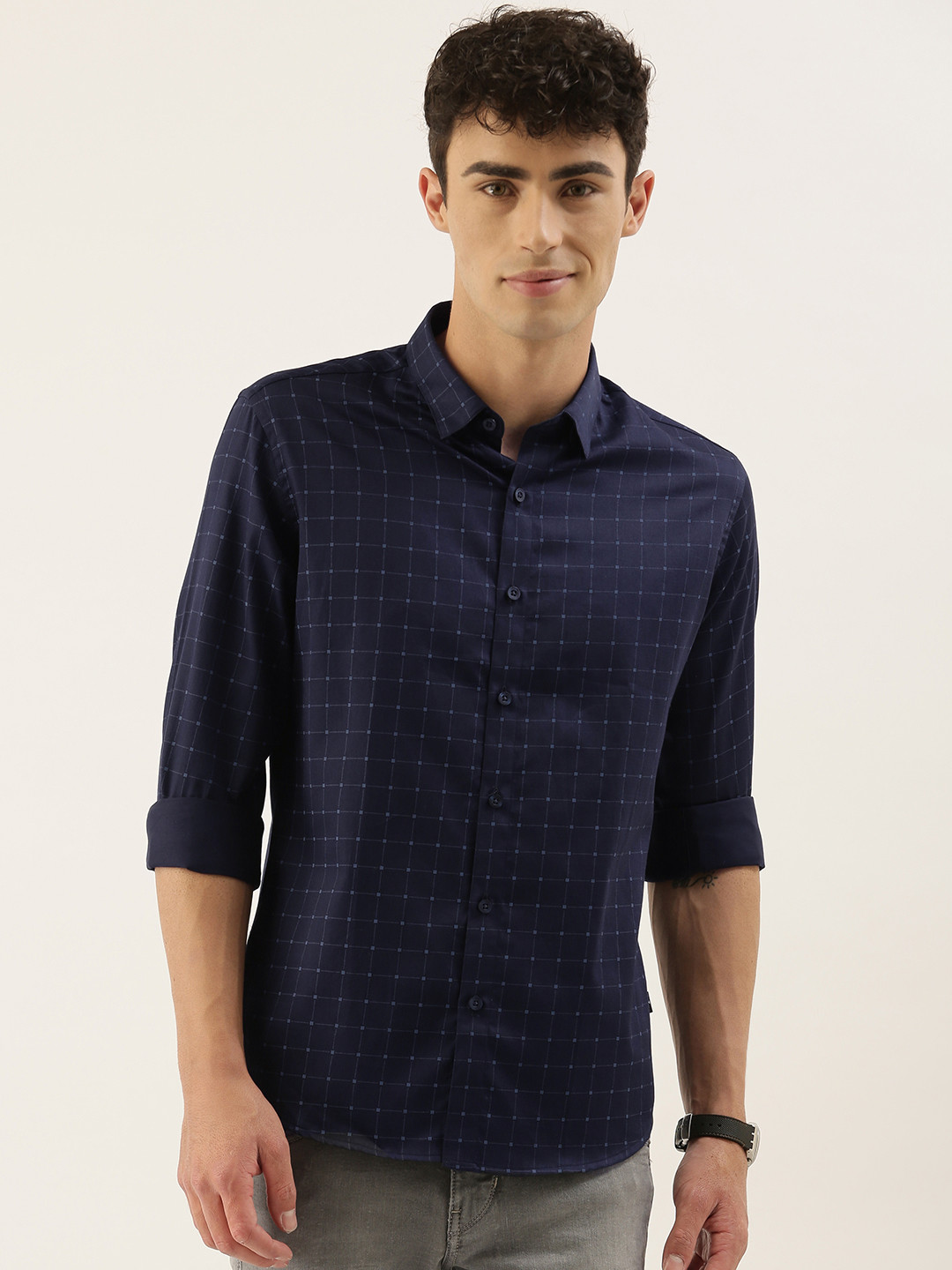 

Flying Machine Men Navy Blue Slim Fit Checked Casual Shirt