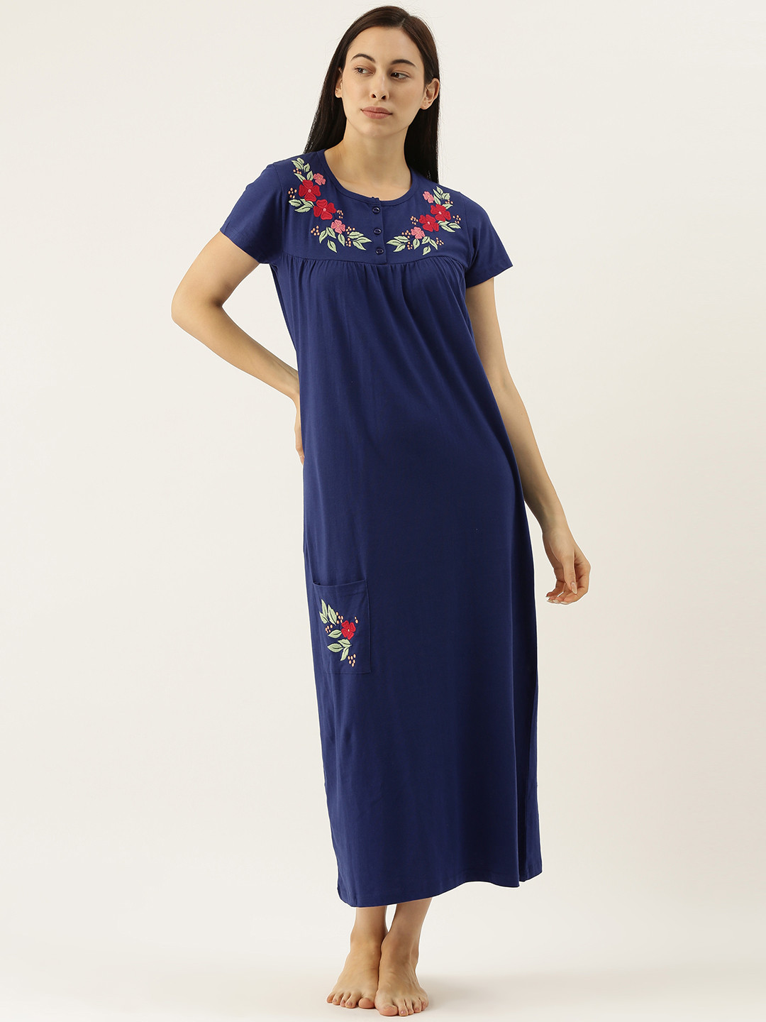 

Slumber Jill Navy Blue Embroidered Nightdress with Pocket