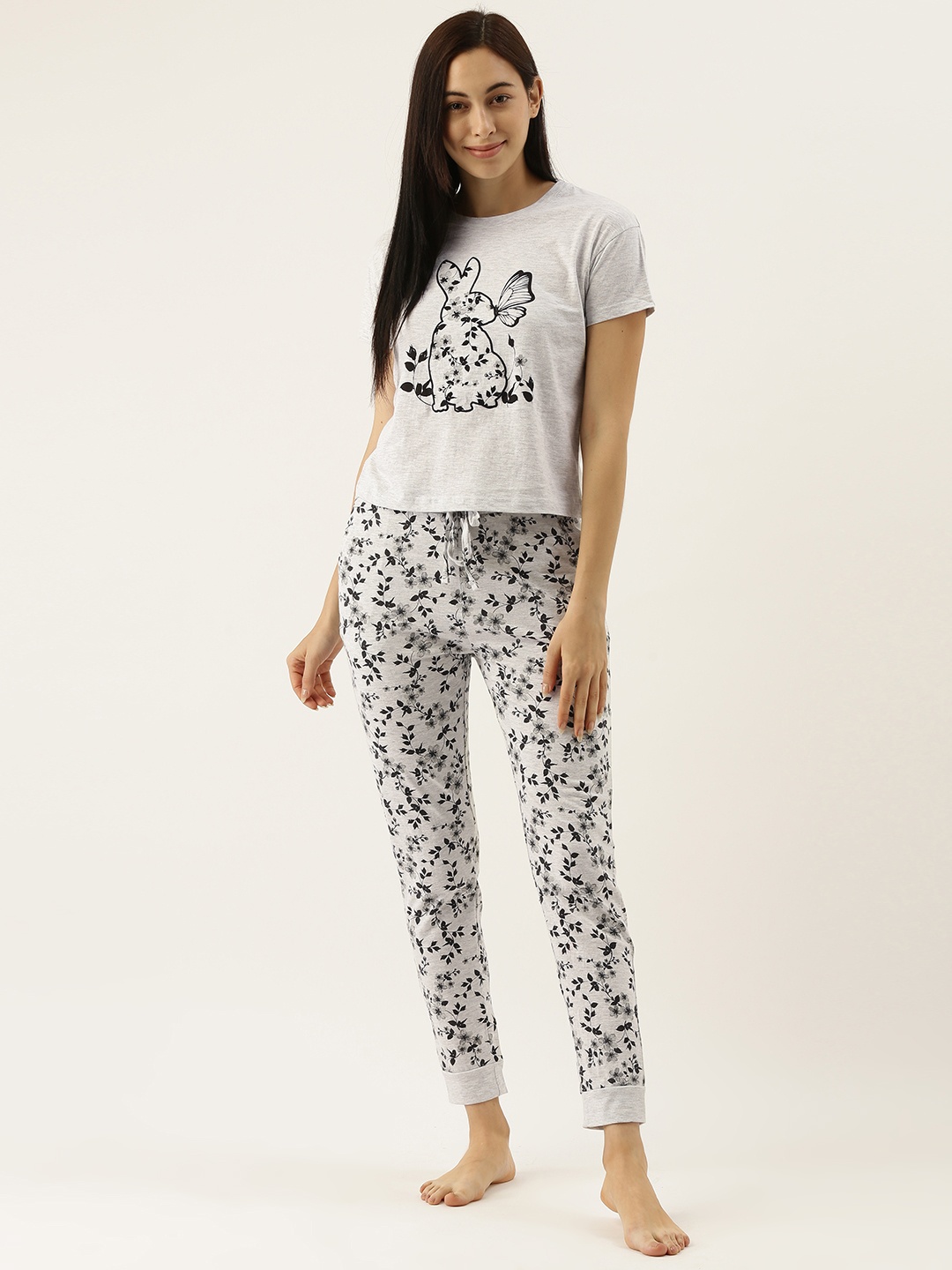 

Slumber Jill Women 2 Pc Grey & Black Printed Night suit