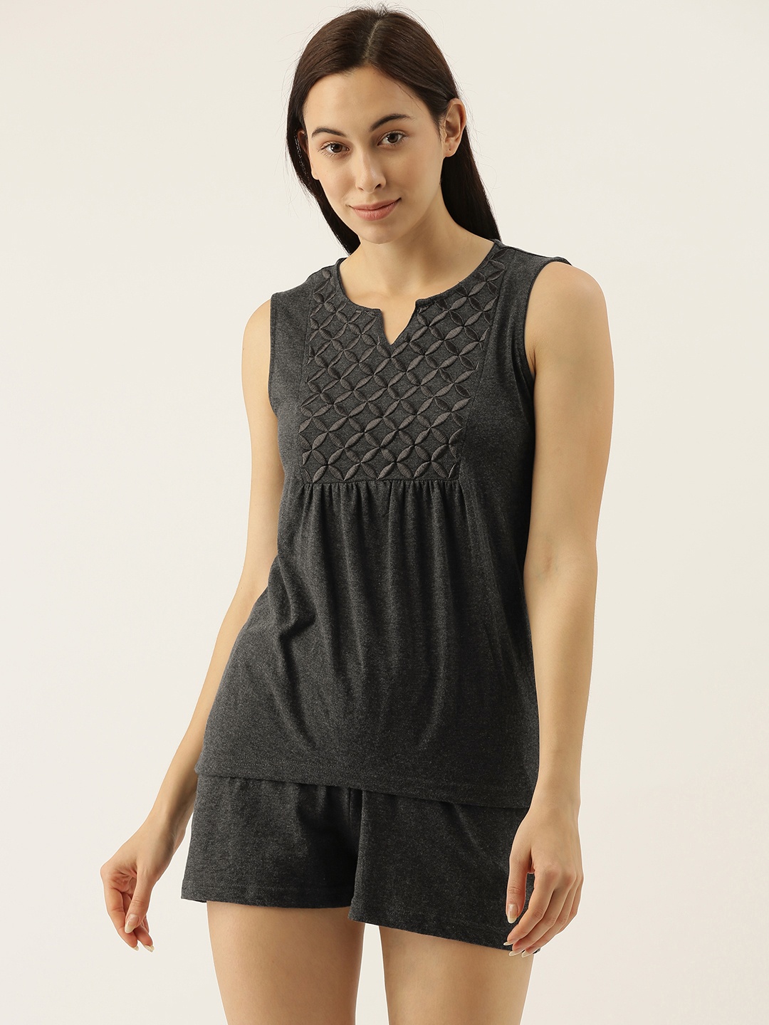 

Slumber Jill Women 2 Pc Charcoal Geometric Embroidery Short Night suit