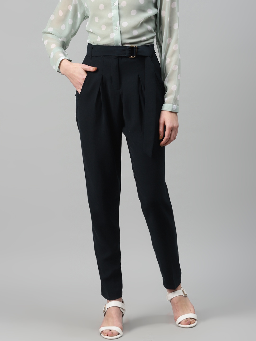 

RUNWAYIN Women Navy Blue Tapered Fit Solid Regular Trousers