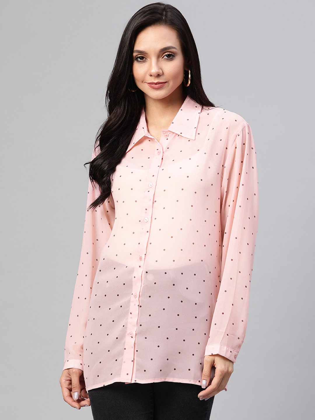 

RUNWAYIN Women Peach-Coloured & Coffee Brown Boxy Polka Dot Sheer Longline Casual Shirt