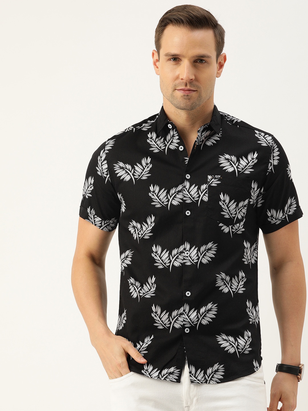 

The Indian Garage Co Men Slim Fit Tropical Printed Resortwear Shirt, Black