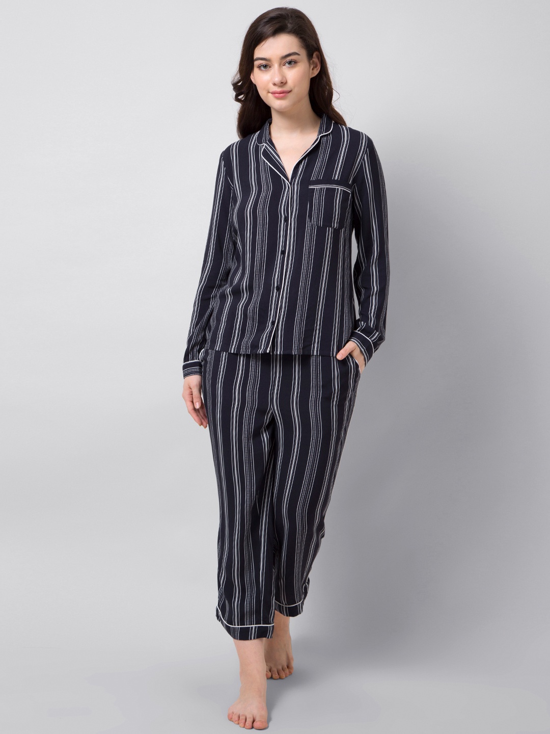 

FabAlley Women Navy Blue & White Striped Night Suit