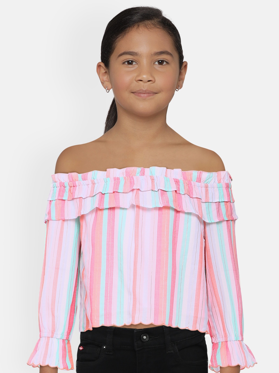 

Global Desi Girls Pink & Blue Candy Striped Off-Shoulder Top