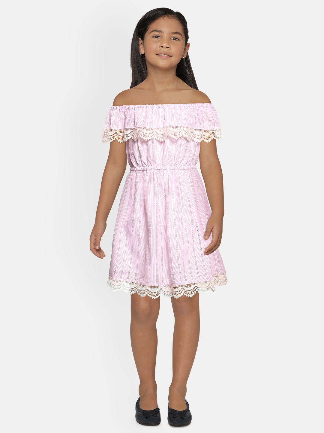 

Global Desi Girls Pink Self Design Striped Fit and Flare Dress