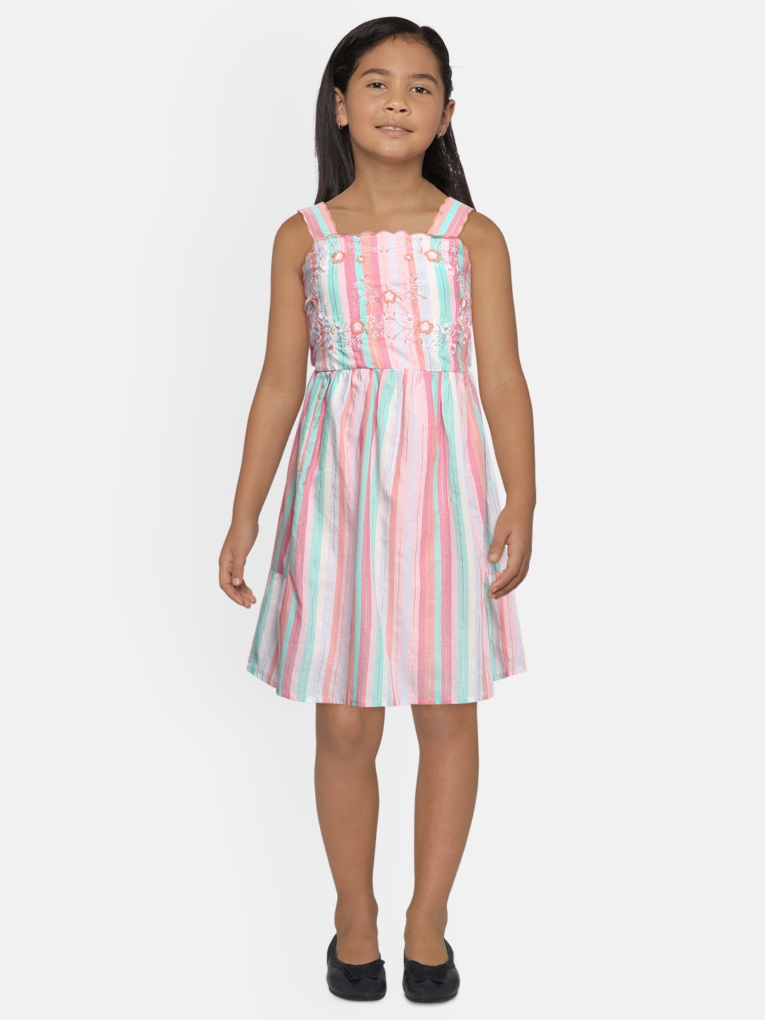 

Global Desi Girls Pink & Blue Striped Fit and Flare Dress