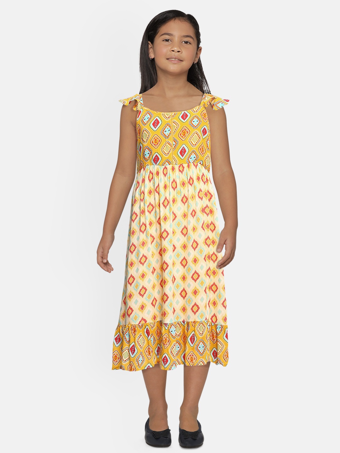 

Global Desi Girls Yellow & Beige Tribal Print Empire Dress