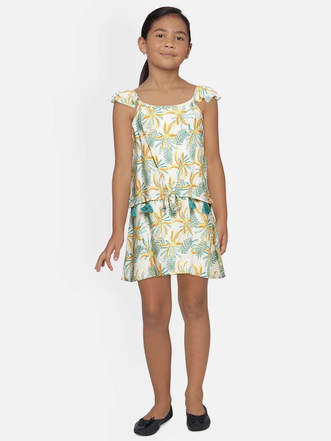 

Global Desi Girls Off White & Teal Green Sleeveless Tropical Print A-line Top